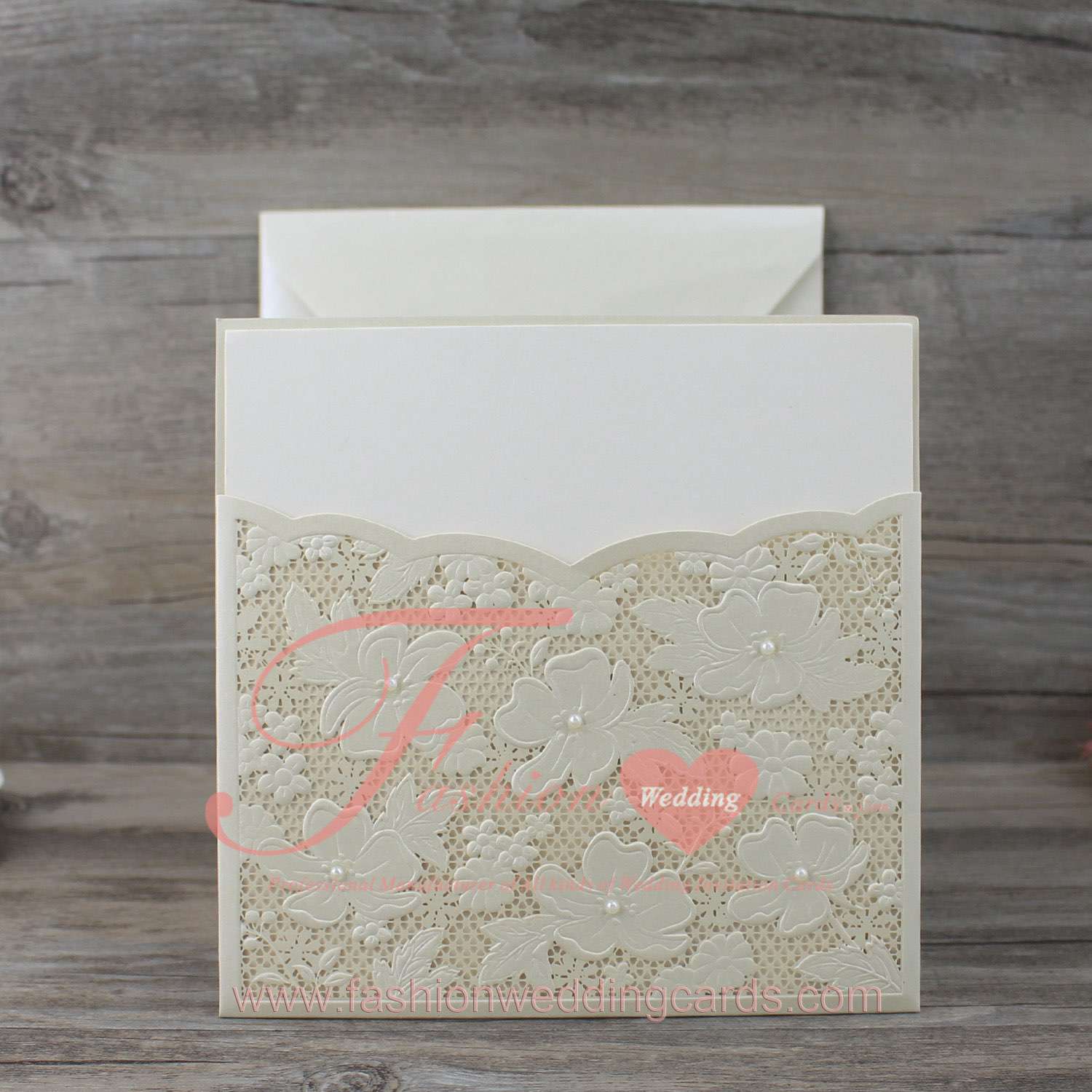 Ivory and White Laser Cut Wedding Invitation Pocket